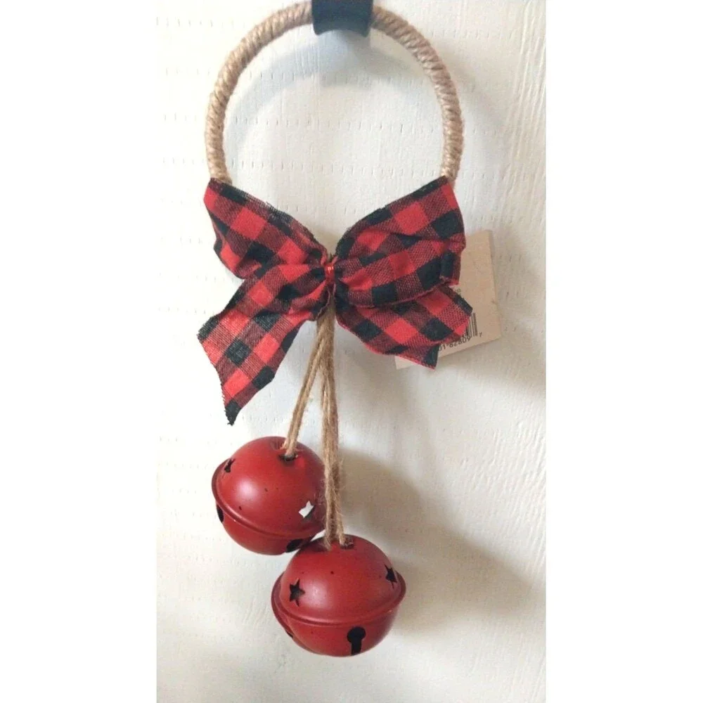 NEW Farmhouse Christmas Door Hanger Doorknob Metal Jingle Bells Bow Jute 12” L